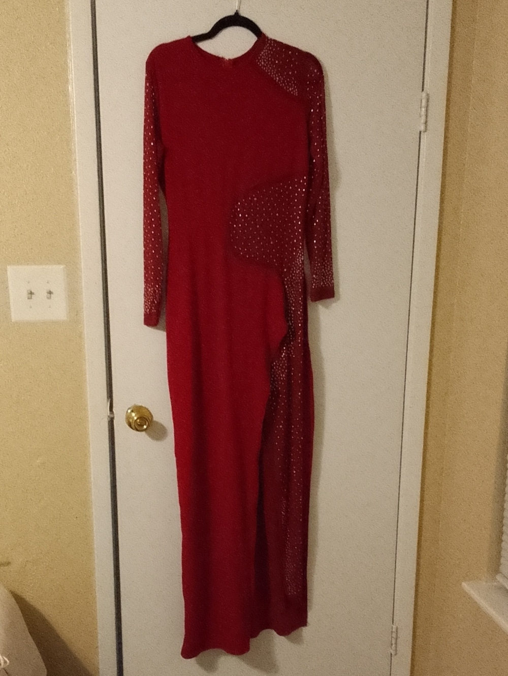 Red Long Sleeve Evening Jumpsuit with Sheer Embellished Panels